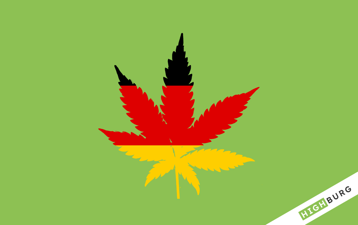 Weed leaf in German flag colours on green Highburg background