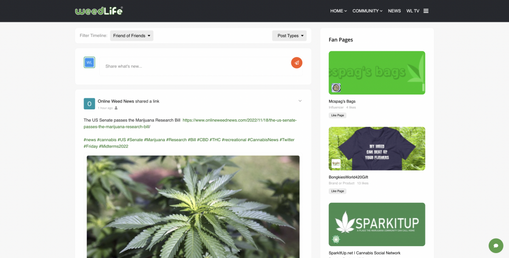 Weedlife cannabis business social network feed interface in 2022