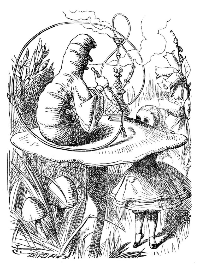 The Caterpillar. John Tenniel's illustration from the first edition of Alice's Adventures in Wonderland (1865)