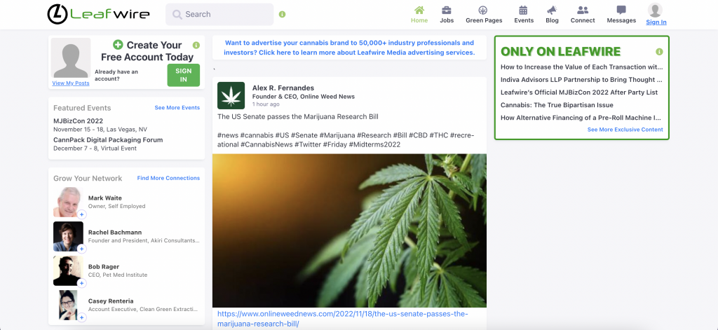 Leafwire homepage interface in 2022